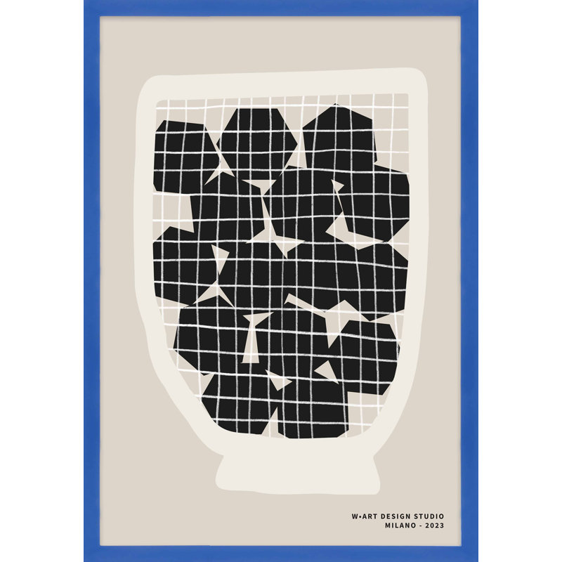 Black Hexagons Print, Blue Framed Paper, 38" H x 26.5" W x 1.25" D