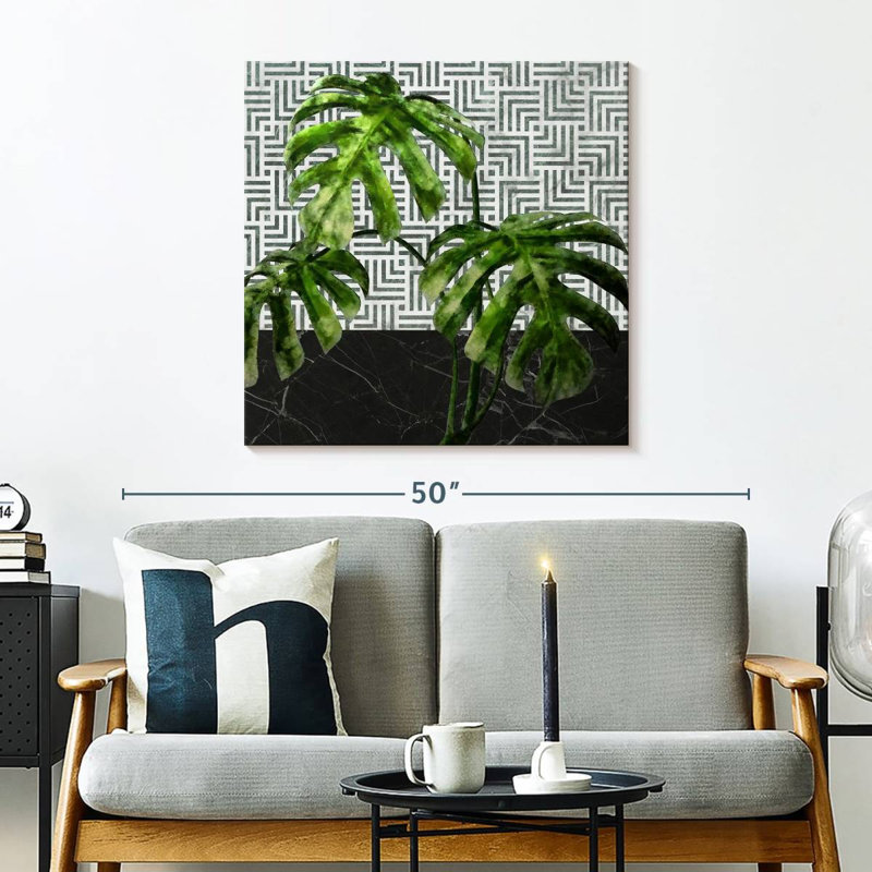 Harnek Monstera feuilles sur marbre noir et carreaux, H 30 po x l 30 po