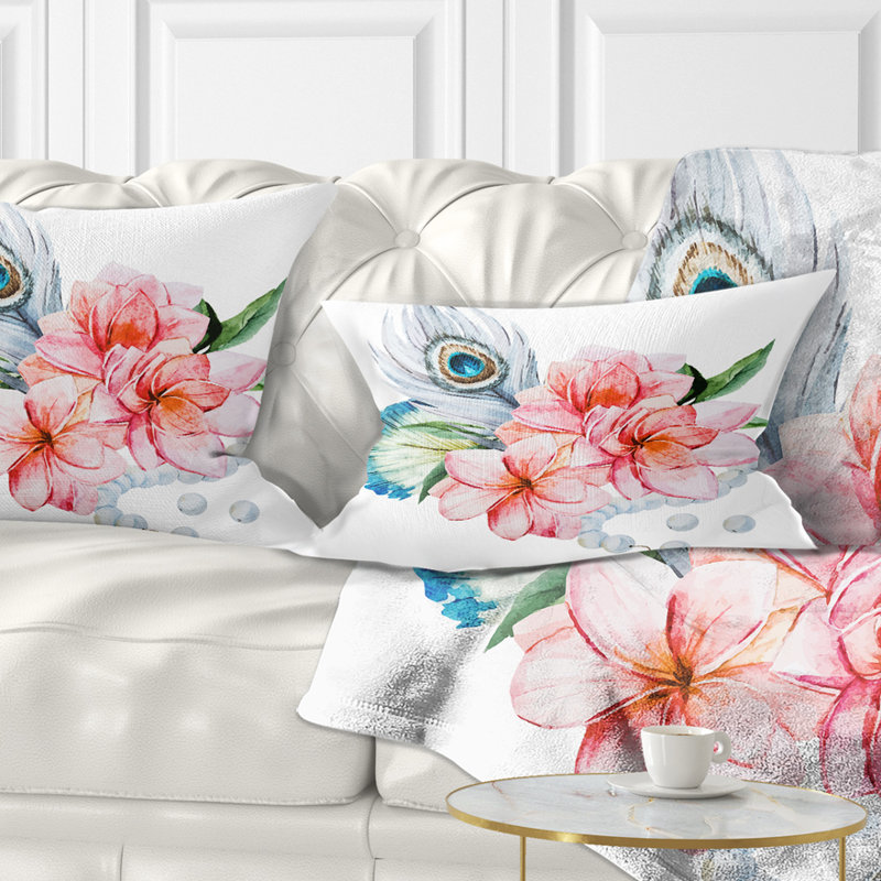 Coussin floral avec plumes de paon, Oreiller européen, 12 po x 20 po