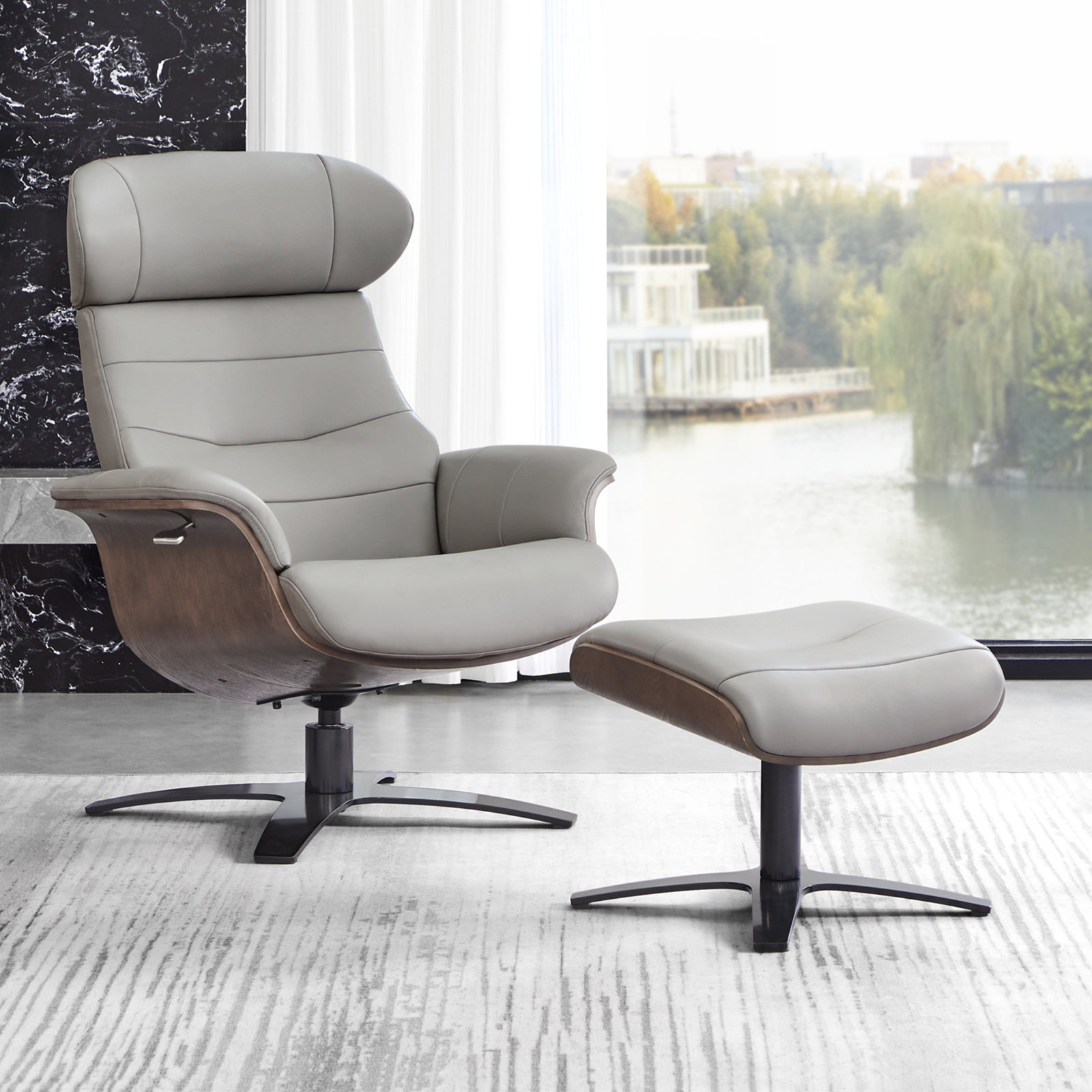 Dillon Genuine Leather Swivel Recliner, Light Gray