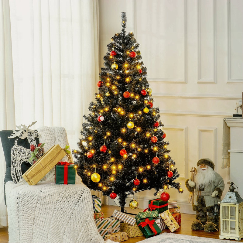 Sapin de Noël artificiel de 6 pi avec branches réalistes, 250 lumières DEL blanc chaud et 1000 pointes, noir, Noir