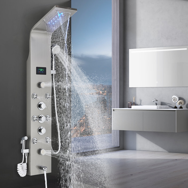 Shower Panel Tower System,7-Function Shower Wall Panel, LED Rain Waterfall Shower Column Head,Shower Tower Panel With full Body Shower System Tub Shower With Bidet