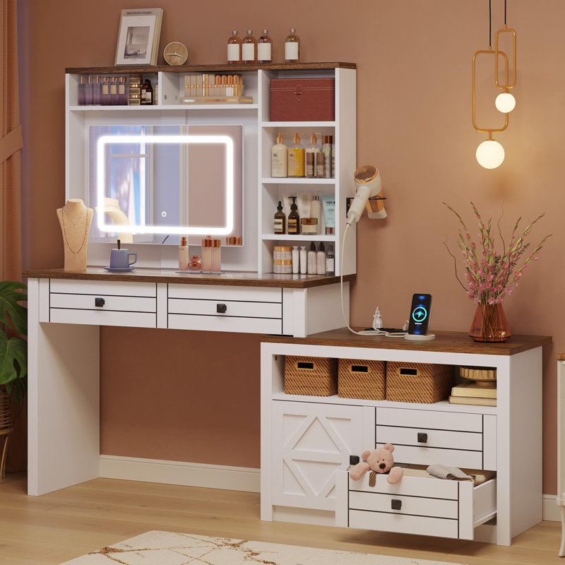 Miroir de salle de bain avec lumières, bureau de maquillage avec 5 tiroirs, 6 tablettes de rangement ouvertes, grande coiffeuse extensible avec station de charge, plateau en verre, miroir à écran tactile, blanc antique