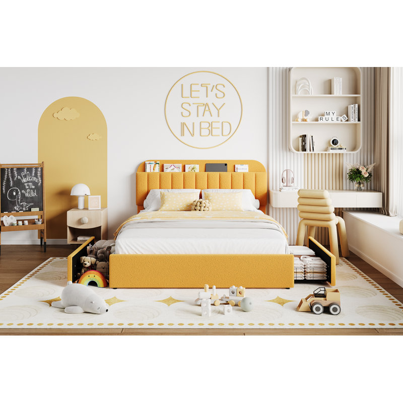 Bed Frame, Boucle Upholstered Platform Bed with Bookcase Headboard and 2 Flexible Rolling Drawers, Noise‑Free, No Box Spring Needed for Girls Bedroom