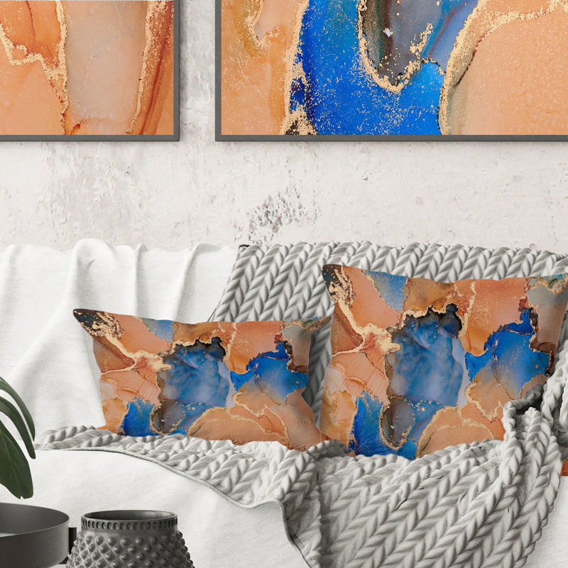 «Blue and Orange Luxury Abstract Fluid Art», coussin décoratif imprimé moderne, 16 po x 16 po
