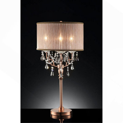 Grande lampe de table 35 "Rosie" avec finition rose argenté et accents de cristal, abat-jour