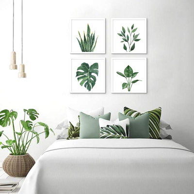 10X10 Framed Wall Art Plant Wall Decor For Bathroom Wall Pictures With White Frames And Green Leaf Plant Prints, Set Of 4