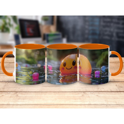 Colourful 3D Design 11oz Accent Mugs – White Ceramic Coffee Cup with an Orange Handle and Interior