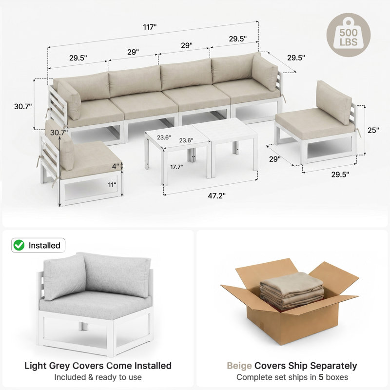Gilemette 8-Piece Modern Aluminum Outdoor Sectional Seating Group with Cushions & Coffee Table, Rust-Resistant Patio Conversation Set