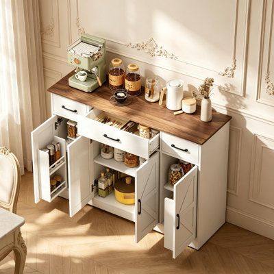 Farmhouse Buffet Cabinet with Soft-Close Hinges, 3 Drawers Sideboard With Adjustable Shelves and Spice Racks