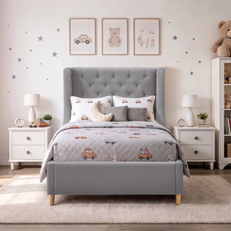 Lit plateforme tapissier en velours, Gris, Twin