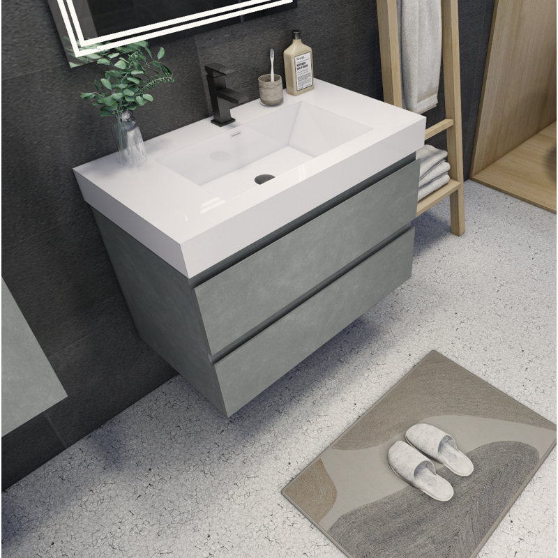 Carneshia 35.4'' Single Bathroom Vanity with Wood, Acrylic Top, Cement Gray