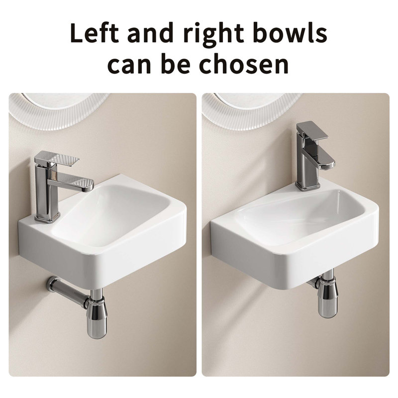 Floating Bathroom Sink Wall Mounted - Rectangle Vessel Sink 14" X 10" Small Modern Bathroom Wall Hung Sink White Porcelain Ceramic Vessel Vanity Sink With Faucet &Drain