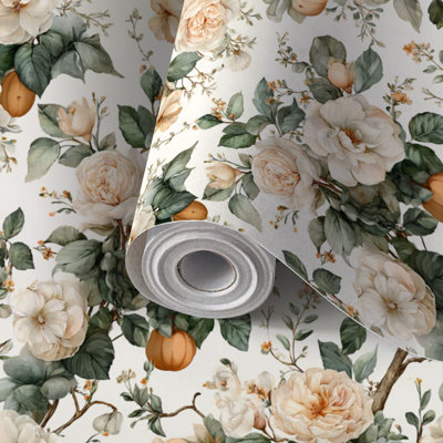 Papier peint adhésif peler et coller en PVC, revêtement mural auto-adhésif amovible avec imprimé botanique de citrouille rose rétro, imperméable pour la décoration intérieure - rouleau