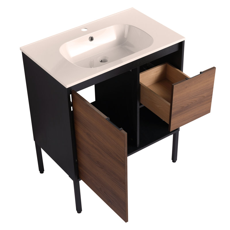 Meuble-lavabo de salle de bain autoportant de 30 po avec lavabo en gel, porte à fermeture en douceur et 2/3 tiroirs à fermeture en douceur