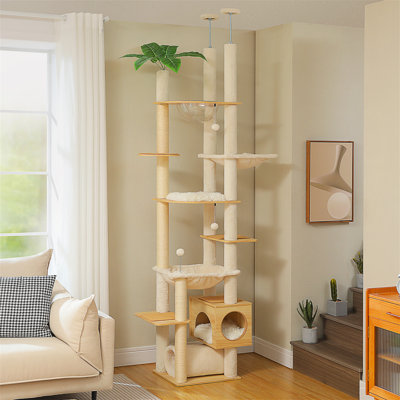 Du sol au plafond, arbre à chat, hauteur de 93,3 po à 100,8 po, tour de chat en bois à hauteur ajustable avec poteaux à griffer, condo confortable, perchoirs et grand hamac pour chats d'intérieur