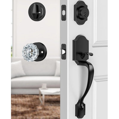 Handleset With Deadbolt, Interior Crystal Glass Door Knob And Exterior Handle