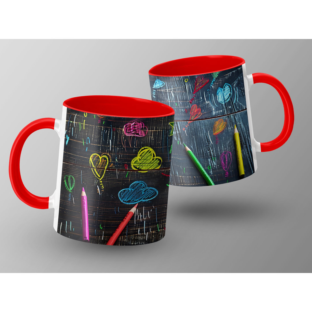 Set of 2 Kids Drawing Style 11oz Accent Mugs – White Ceramic Coffee Cups with a Red Handle and Interior