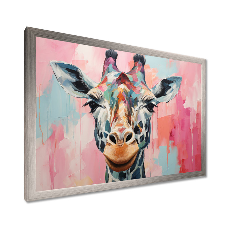 Portrait de girafe brune et rose - art mural girafe, Cadre de coin argenté fermé, H 12 po x l 20 po x P 1 po