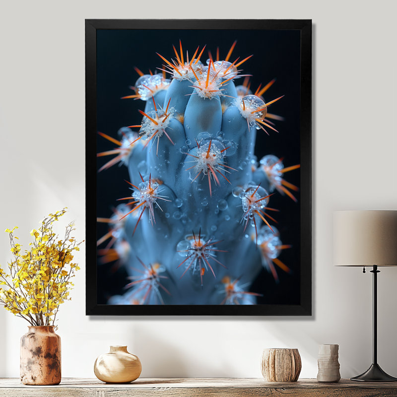 Cactus monochrome orange, bleu, désert, lueur I - cactus floral, salon, Toile encadrée noire simple