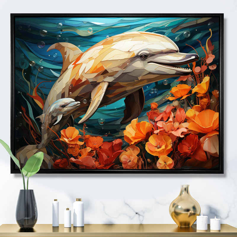 «Dolphin Marine Symphony Geometric - Dolphin», art mural, H 12 po x l 20 po x P 1 po, Cadre flottant noir