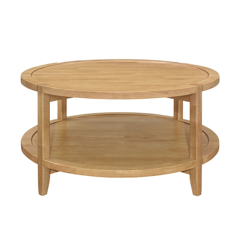 Round Wooden Coffee Table With Bottom Shelf, Maple Brown