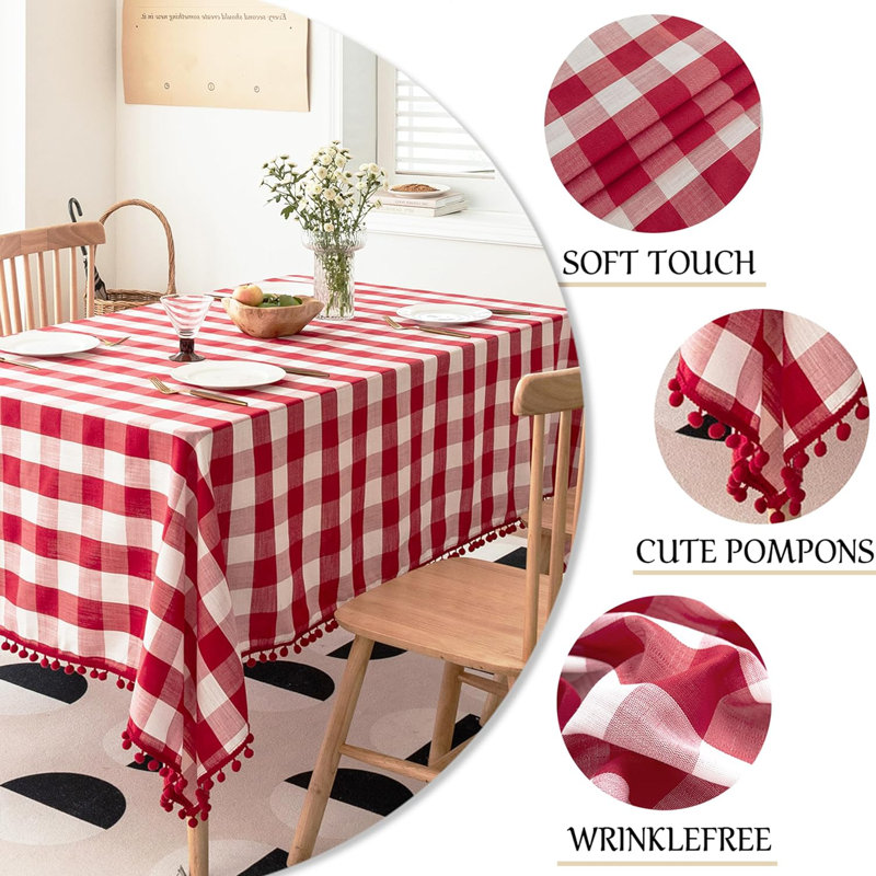 Buffalo Plaid Table Cloth For Rectangle Tables With Tassel Red And White Rustic Textured Farmhouse Burlap Table Cover For Kitchen Dining Tabletop Decoration