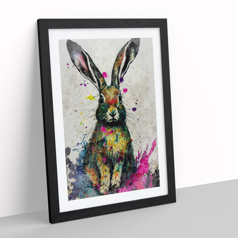 Colourful Watercolour Hare No.3 - Single Picture Frame Painting, Black, 64cm H x 46cm W x 2cm D