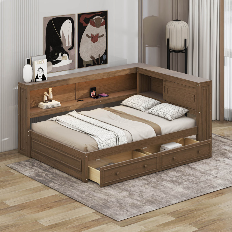 Structure de lit d'angle double en bois avec tablettes de rangement et 2 portes coulissantes, structure de lit d'angle double avec 2 tiroirs, lumières DEL et station de charge