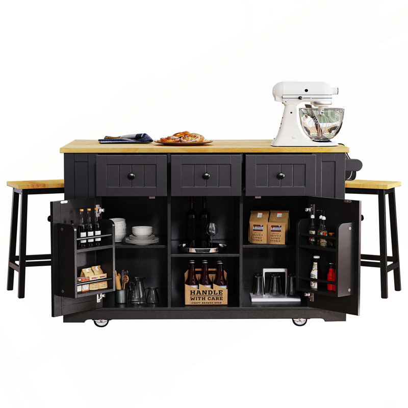 53Inch Large Kitchen Island With 2 Bar Stools,Power Outlet,Door Internal Storage Rack,Kitchen Storage Cart On 5 Wheels With Drop Leaf,5 Open Side Racks,3 Drawers
