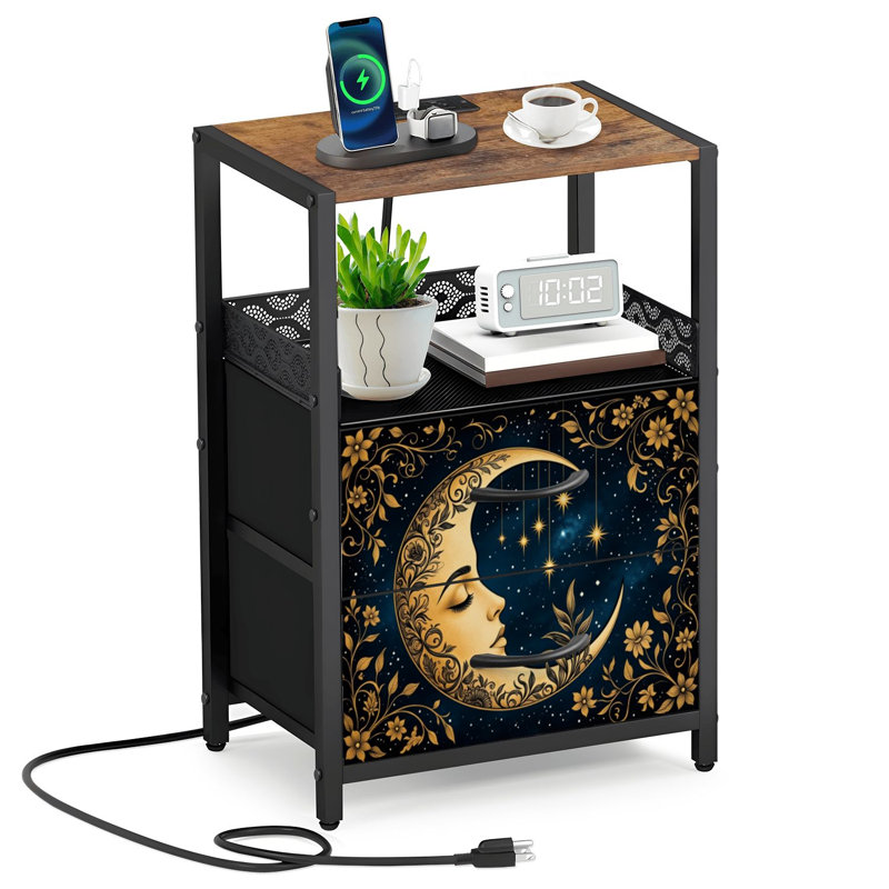 Table de chevet 2 tiroirs en tissu avec station de charge Sun Moon Celestial Gothic Wildflowers