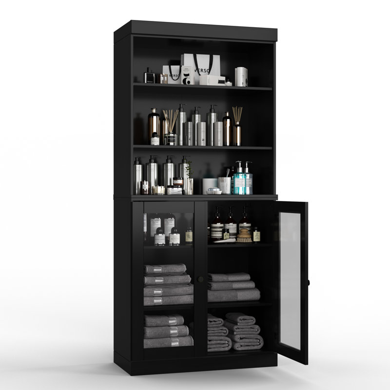 Armoire de salle de bain 100% bois massif 32 "avec portes en verre et tablettes réglables, Noir, noir, noir, noir