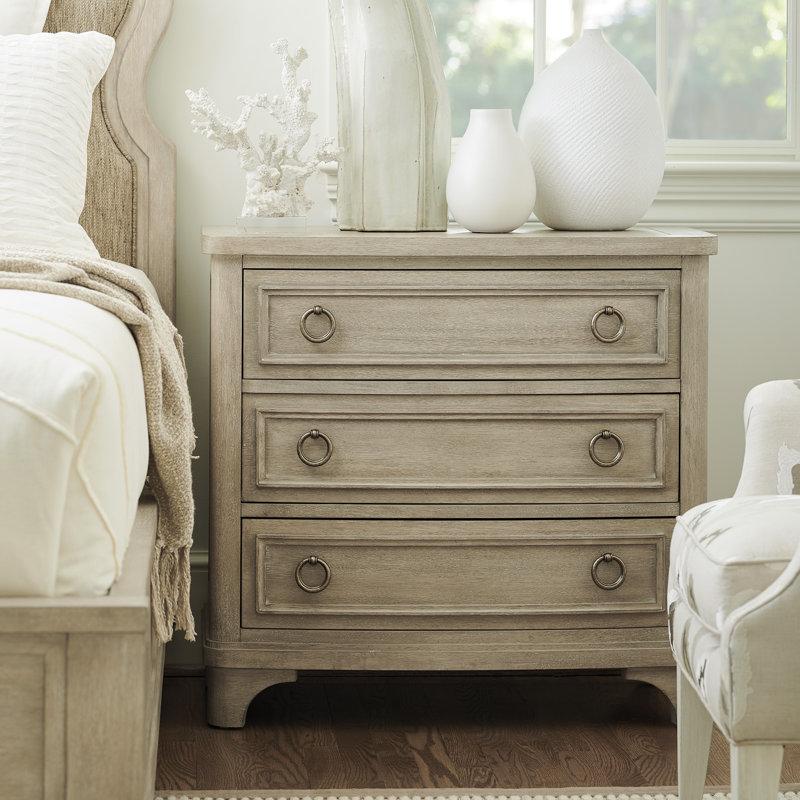 Malibu Hickory Veneer 3-Drawer Nightstand with Silvery Gray Handles