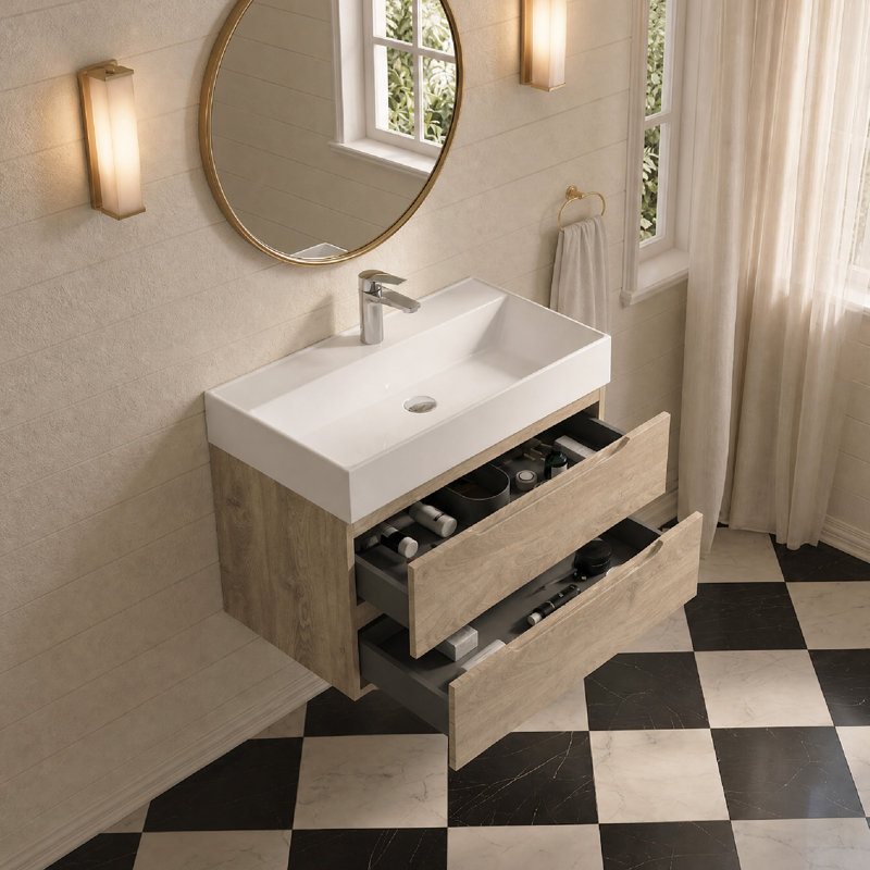 Meuble-lavabo mural 32 po avec 2 tiroirs en résine blanche Tona, 32"