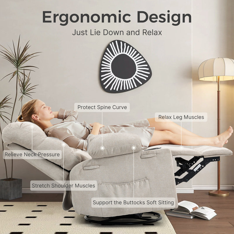 89 CM Oversized Tuffed Heated Massage Swivel Rocker Recliner with Cup Holders, Beige