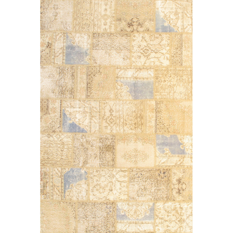 Wool Patchwork Area Rug in Breaker Bay/Beige