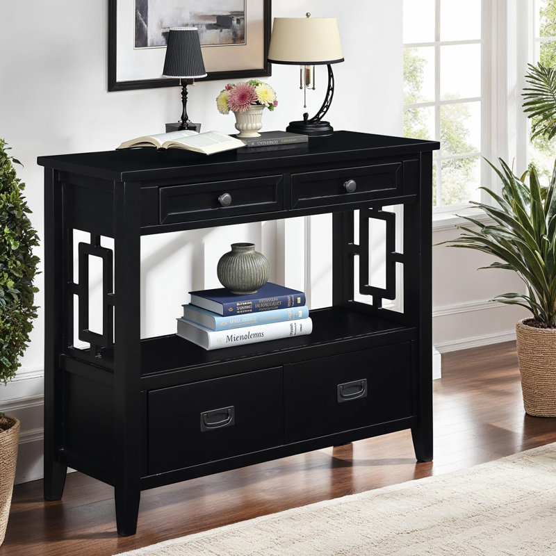Solid Pine Wood Console Table with 4 Drawers and Open Shelf