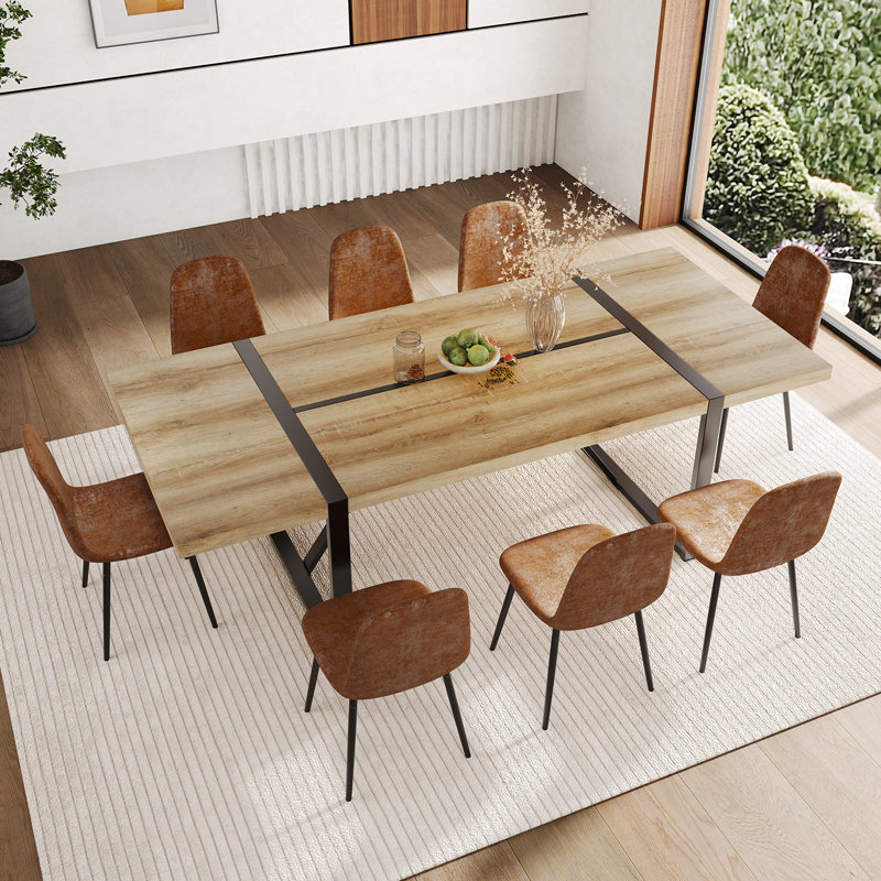 87 Inch Wood Dining Table Set With PU Leather Upholstered Dining Chair, Brown, 9 Pieces: Table, 8 Chairs