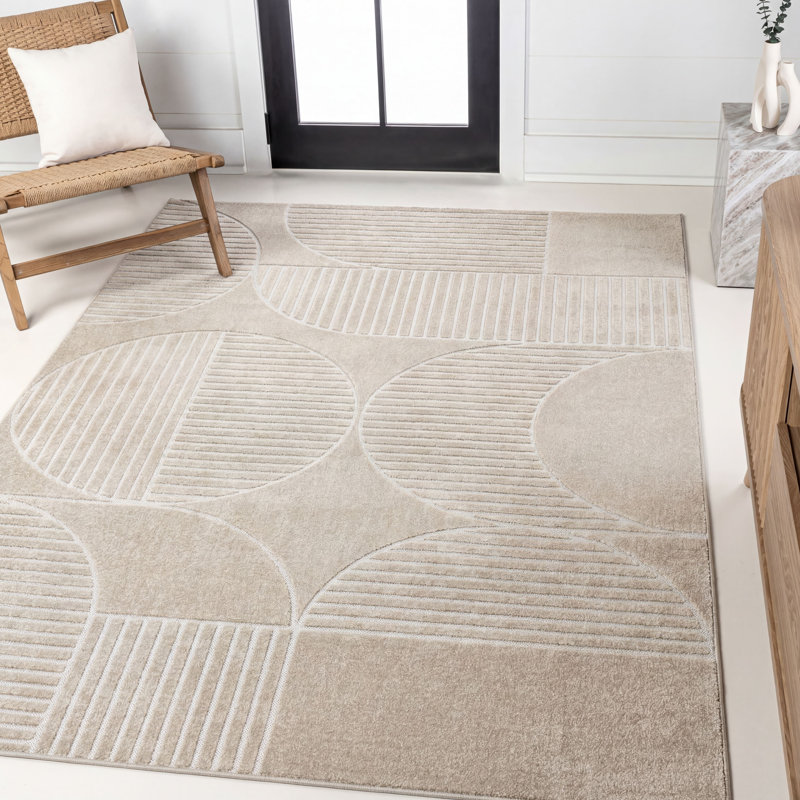 Aleysia High-Low Geometric Arch Scandi Striped Beige/Cream Indoor/Outdoor Rug, Rectangle 5'3" x 7'7"