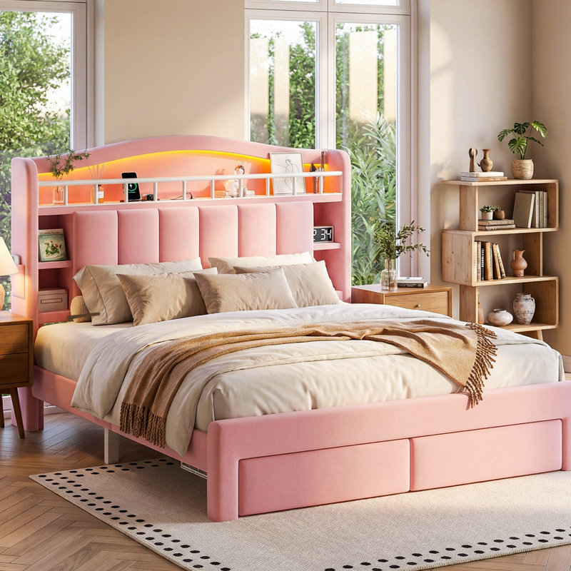 Twin Size Smart LED Upholstered Bed with 2 Under-Bed Drawers, Arched Headboard and All-in-One Storage, Pink, Twin