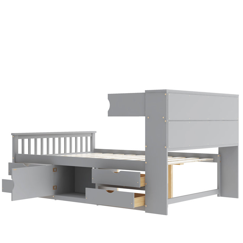 Full Size Captain Platform Bed Frame with Storage Bookcases, Shelves, and Four Drawers in Grey