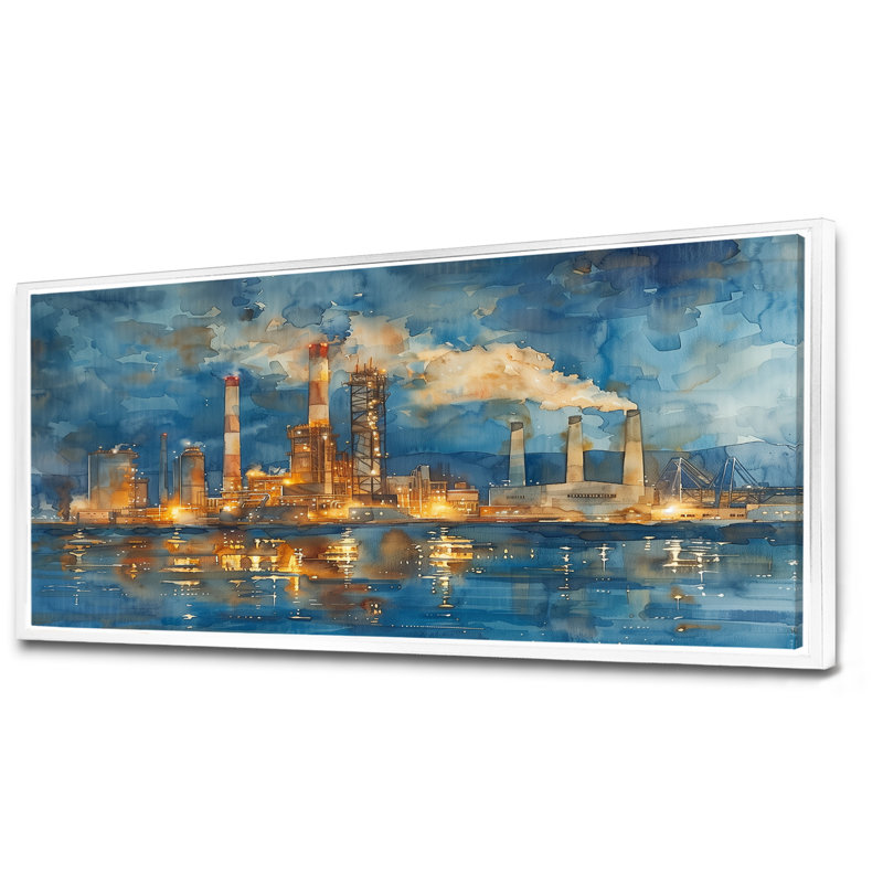 Gris gris bleu centrale électrique - salon d'art de centrales électriques, H 28 po x l 60 po x P 1,5 po, Cadre flottant blanc