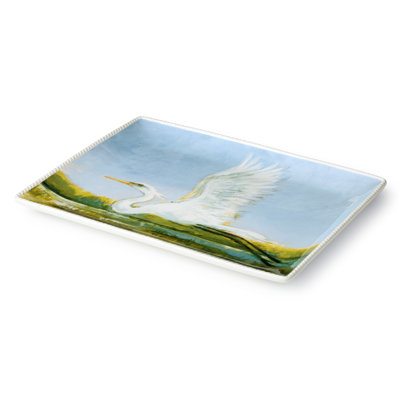Coastal Birds 16x12 Rectangular Platter, Ceramic artist-designed Wetland Birds Large Serving Tray, Blue Sky Marsh Scene, Dishwasher Safe Coastal Entertaining