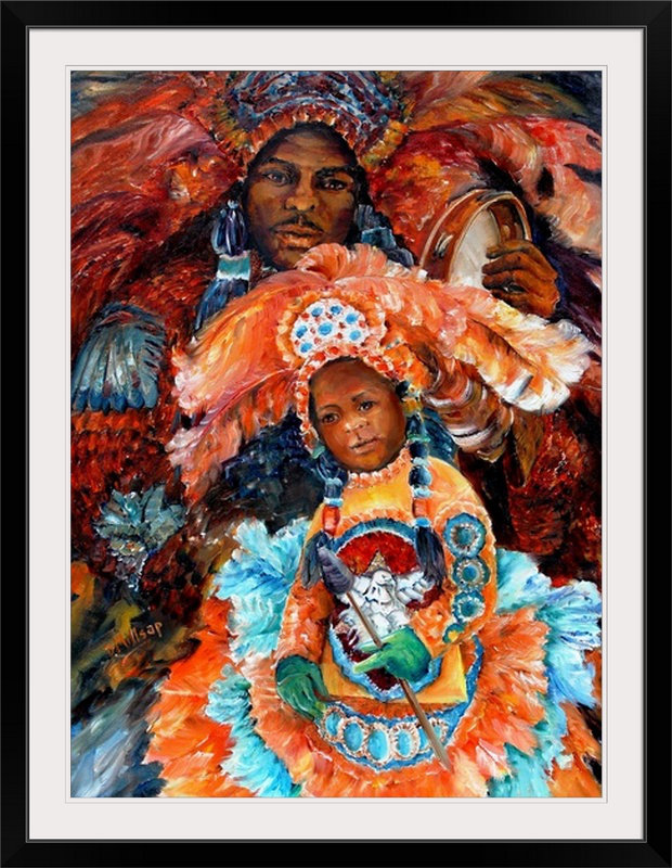 «Mardi Gras Indians» par Drewie, reproduction d'art, H 44 po x l 34 po x P 1 po, Cadre noir