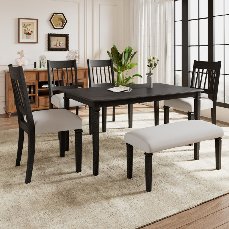 6 - Piece Modern Dining Table with Bench Set, Dovetail Gray