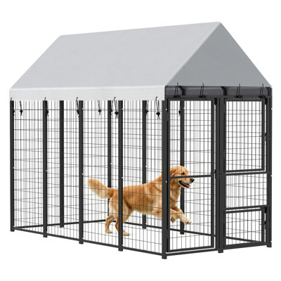 Enclos extérieur PawHut pour grands chiens avec toit, 3 portes, extensible et robuste, avec serrure de sécurité et porte amovible, pour petits, moyens et grands animaux de compagnie, poules, canards, 2,44 m x 1,22 m x 1,83 m