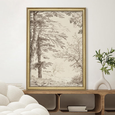 Antique Tree Sketch Detailed Pencil Drawing of Forest Scene Gold Framed Wall Art Decoration