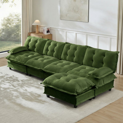 138 Inch L-Shaped Modular Sofa With Ottoman, 4-Seat Chenille Deep Seat, Comfy Lattice Cushions For Apartments And Bedrooms, Green