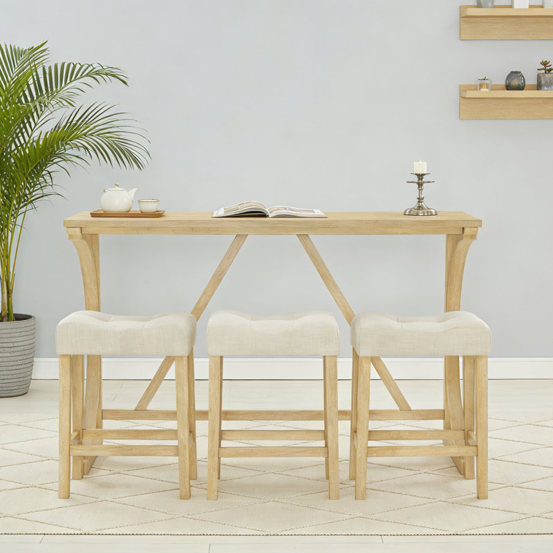 59" Multi-Purpose Bar Table Set with 3 Stools and Built-in Power Outlet, Solid Wood Sofa Table for Kitchen, Living Room, Dining Area