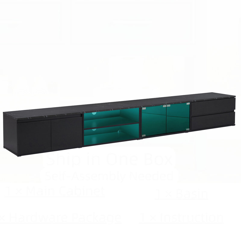 Modern APP Controlled LED TV Stand for TVs Up to 105'', Faux Marble Tabletop Media Console with Tempered Glass Doors with 2 Drawers Cabinets for Living Room